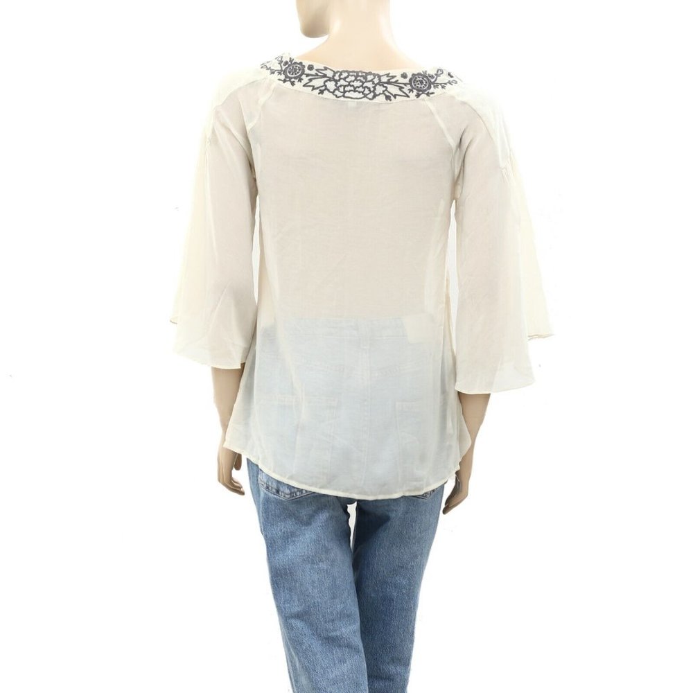 Saivana Anthropologie Embroidered Sequin Ivory Tunic Top Sheer Boho S New - Picture 3 of 5